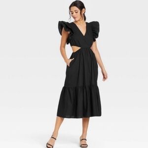 *EUC* a new day Black Midi Cutout Dress with Ruffle Sleeves